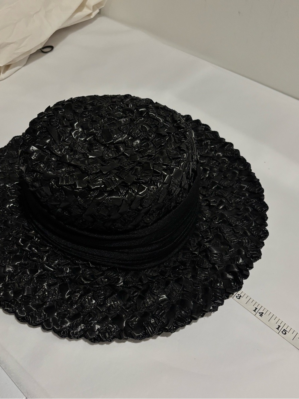 Vintage Charter Hat black woven raffia straw sun hat flat crown medium brim - Picture 11 of 15